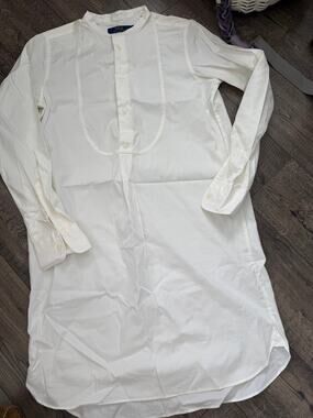 Polo Ralph Lauren Shirt Dress Size 4 Ivory Cotton Stand-Up Collar Curved Hem